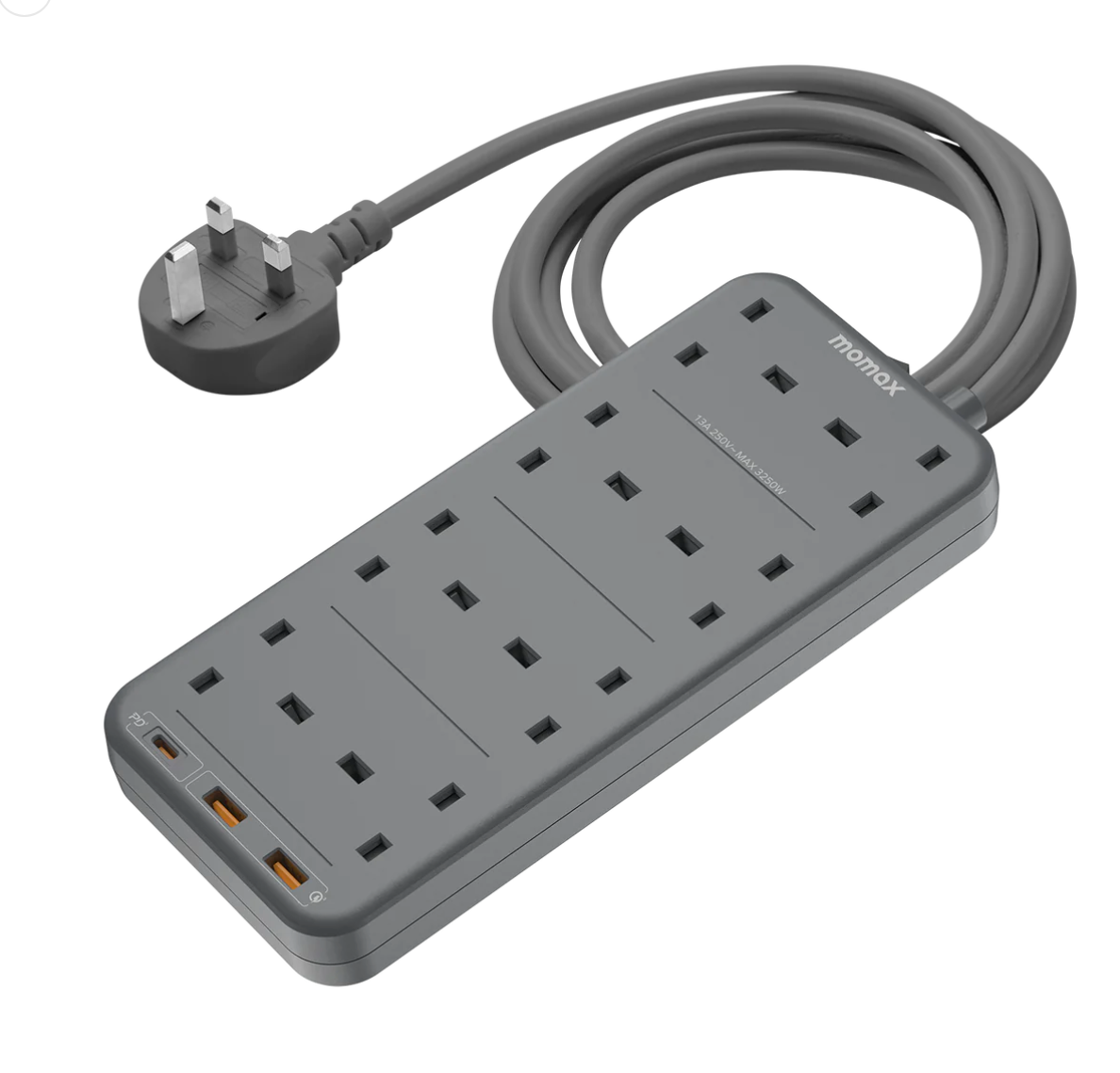 MOMAX ONE PLUG 8-OUTLET POWER STRIP WITH USB SPACE GREY