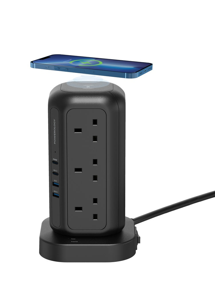 Powerology 12 Socket Multi-Port Tower Hub PD 45W 3250W 3M - Black