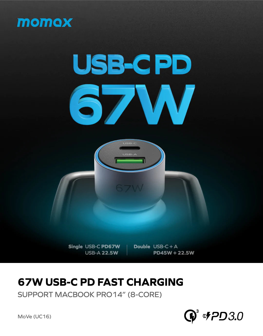 MOMAX MOVE 67W DUAL PORT CAR CHARGER SPACE GREY