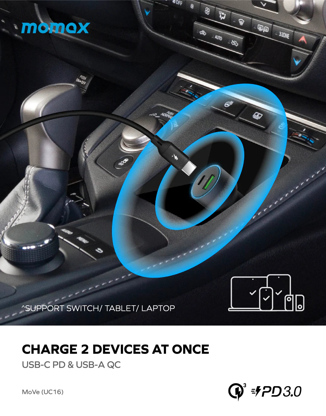 MOMAX MOVE 67W DUAL PORT CAR CHARGER SPACE GREY