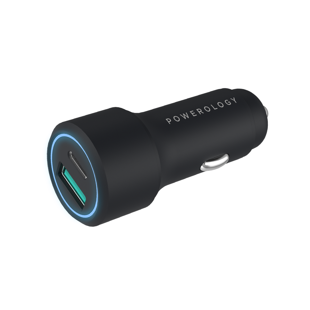 Powerology Aluminum USB + PD Car Charger 38W with Type-C Cable 0.9M