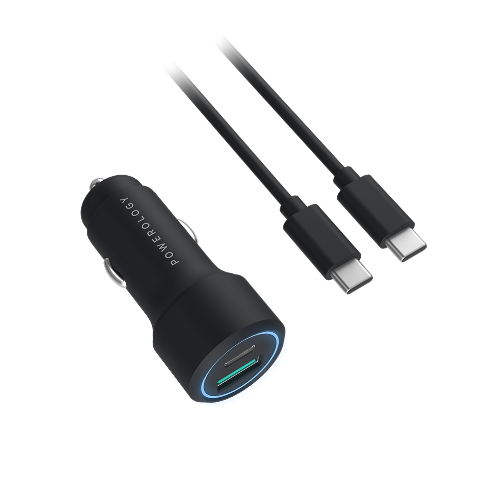 Powerology Aluminum USB + PD Car Charger 38W with Type-C Cable 0.9M