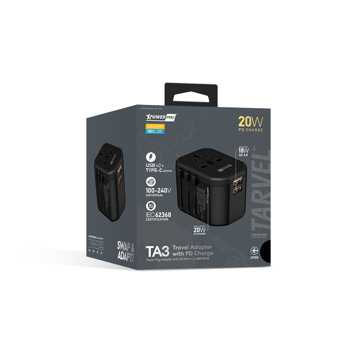 XPower TA3 Travel Adapter 20W PD Black