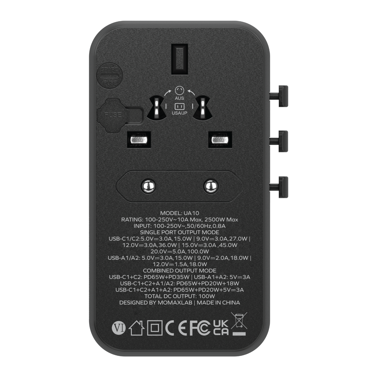 MOMAX 1-WORLD 100W GAN 4 PORTS AC TRAVEL ADAPTER BLACK