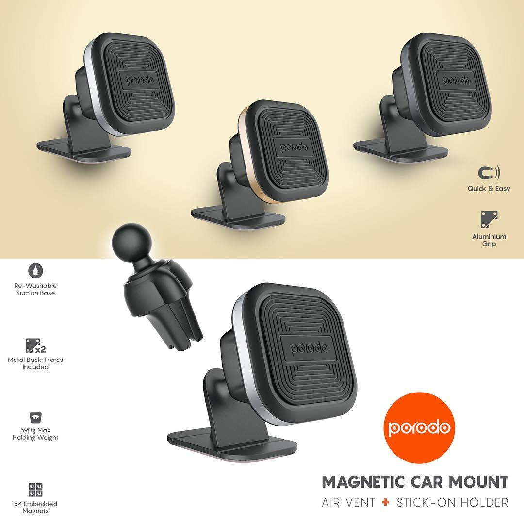 Porodo Aluminum Magnet Car Mount ( Air vent + On holder ) - Gray - TECH STREET