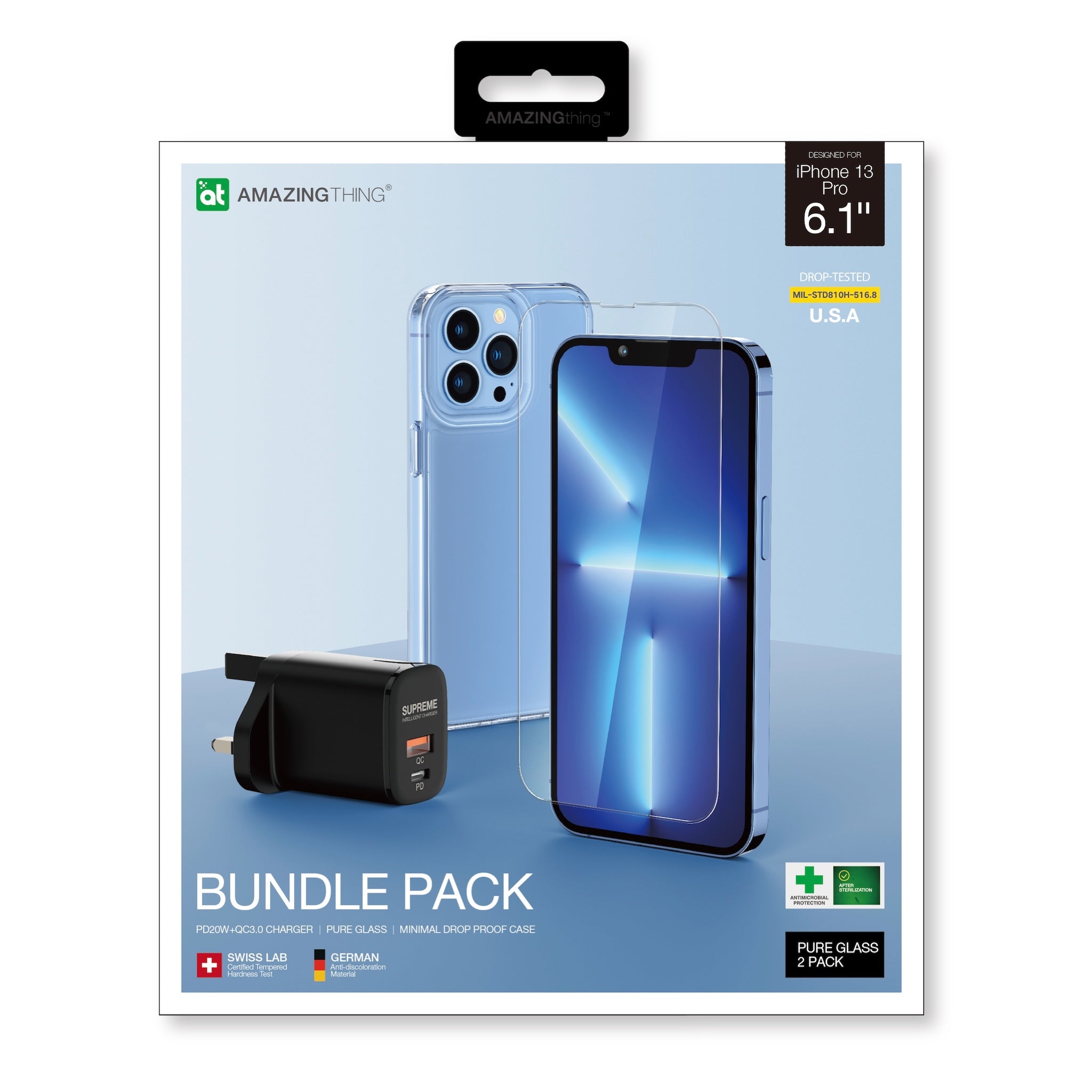 AMAZINGthing iPhone 13 Pro Bundle with Screen Protector, Minimal Drop Proof Case and 20W Charger