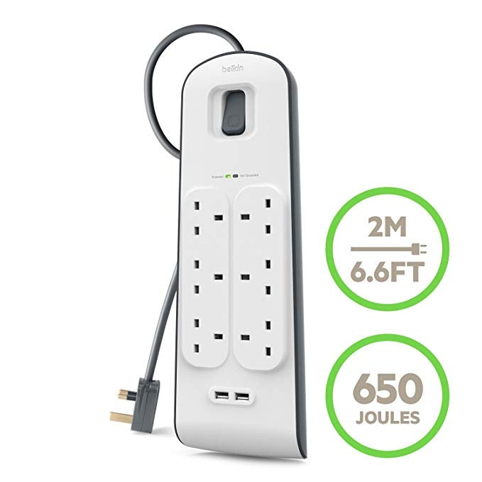 Belkin 6 Way Surge Protection Strip 2m with 2x 2.4amp USB Charging - Tech Street