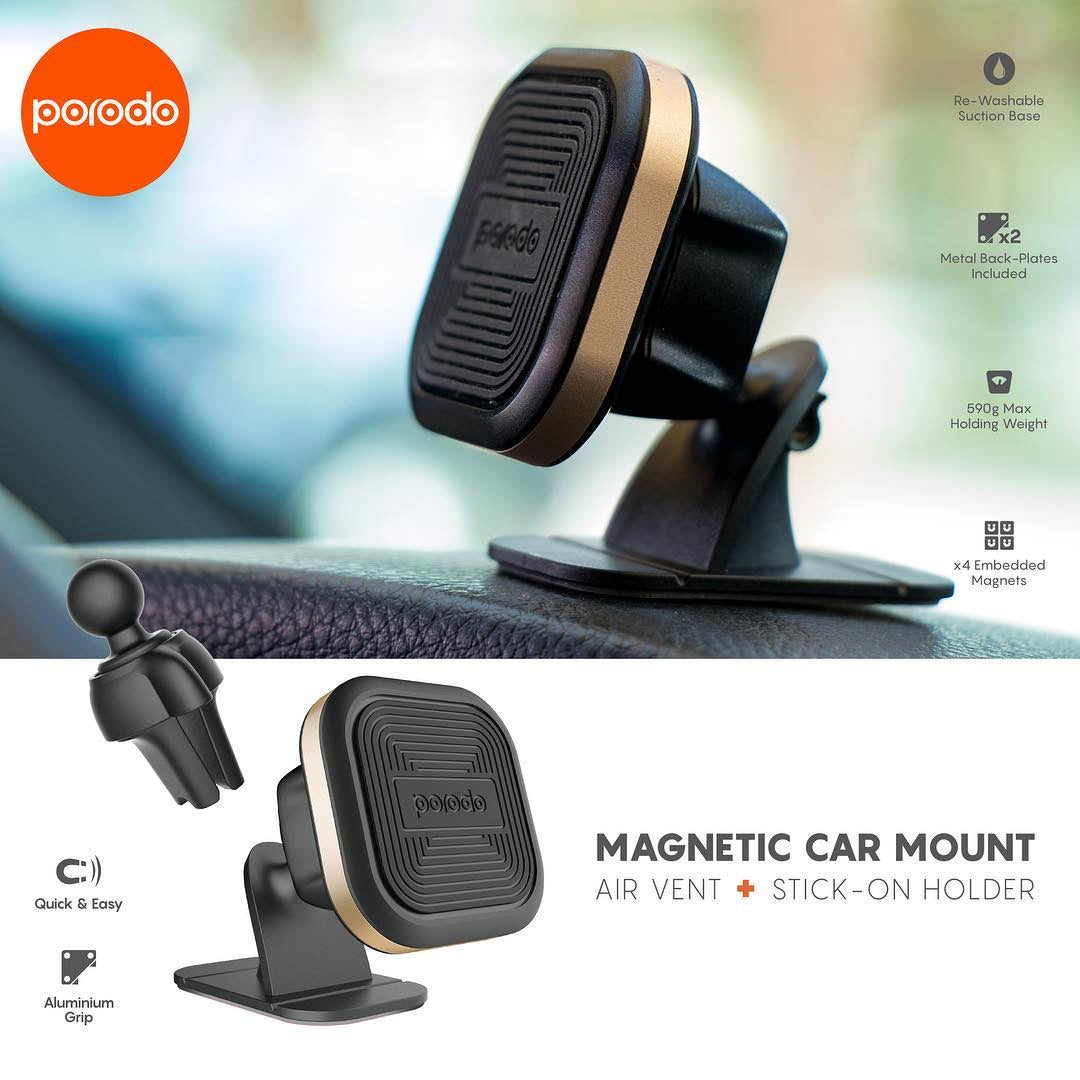 Porodo Aluminum Magnet Car Mount ( Air vent + On holder ) - Gray - TECH STREET