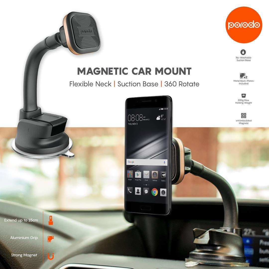 Porodo Aluminum Magnetic Car Mount ( Flexible neck - Suction base ) - Gray - TECH STREET
