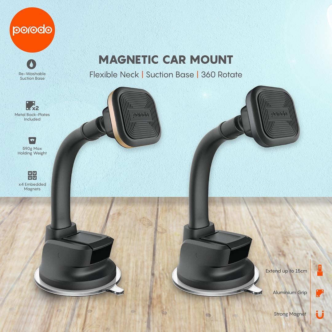 Porodo Aluminum Magnetic Car Mount ( Flexible neck - Suction base ) - Gray - TECH STREET