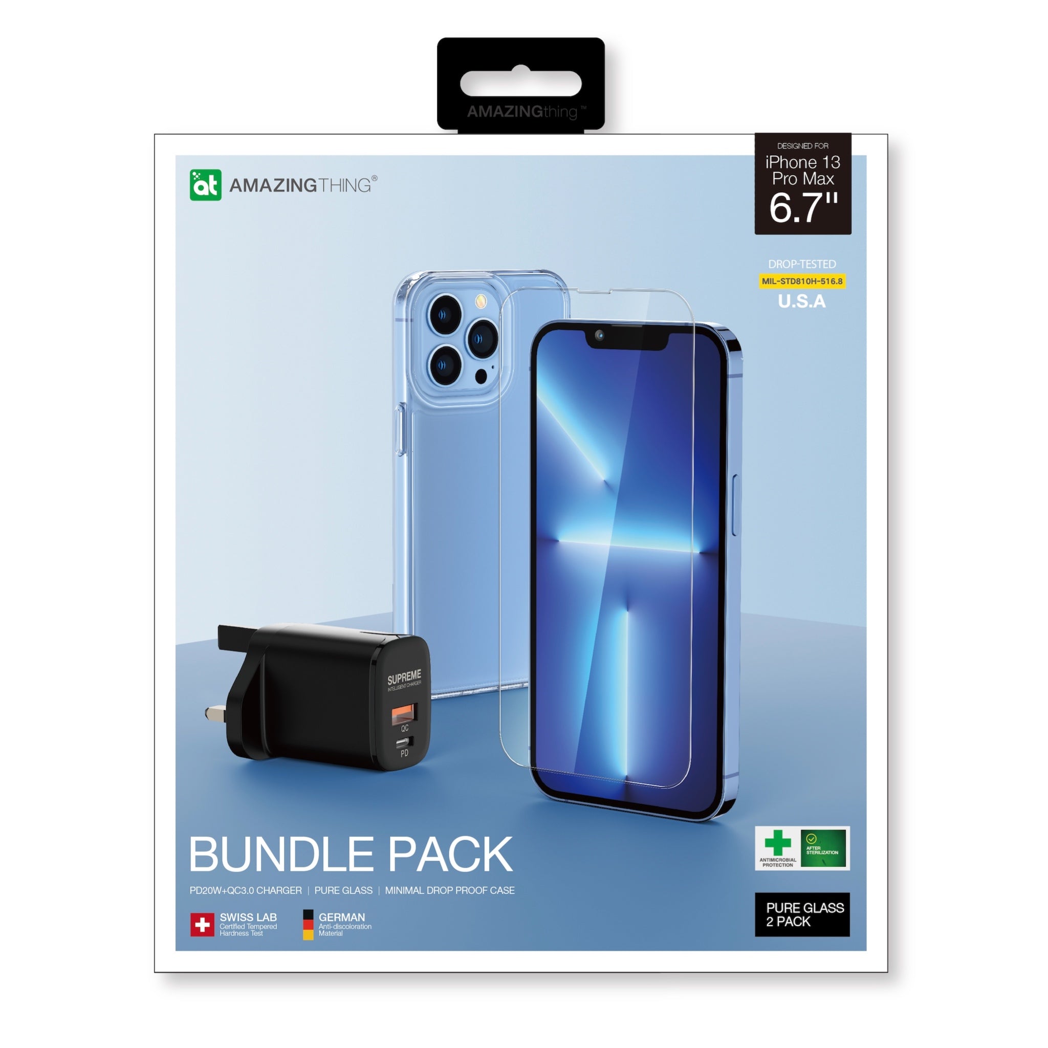 AMAZINGthing iPhone 13 Pro Max Bundle with Screen Protector, Minimal Drop Proof Case and 20W Charger