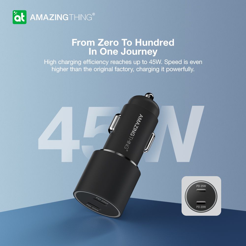 AMAZINGthing Speed Pro Car Charger 2-USB Type -C Ports 45W Q.C 3.0
