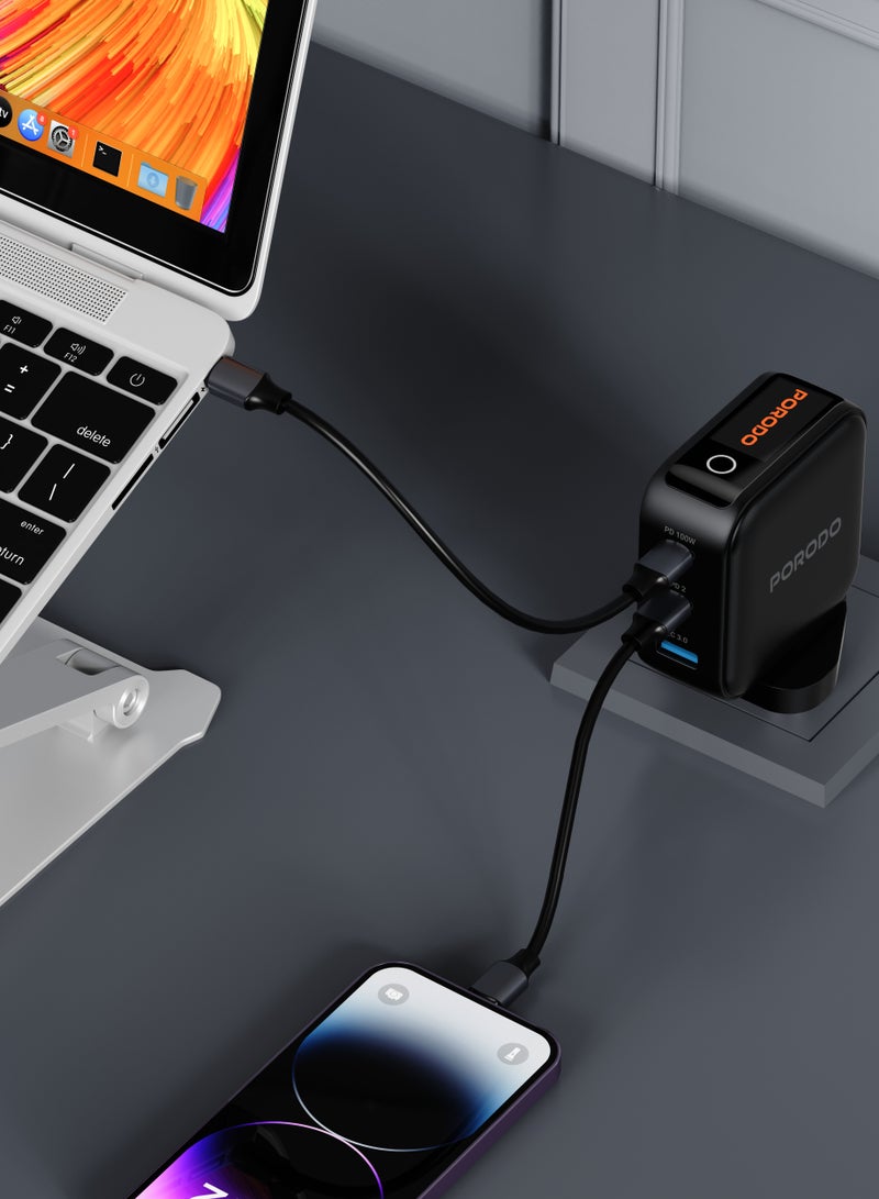 Porodo - Nexora 65W 3-Port Wall Charger with LCD Display - Black