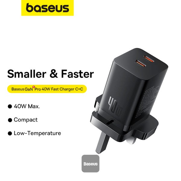 Baseus PD 40W Dual Type C Fast Charger - USB C GaN5 Pro Charging Adapter - Black