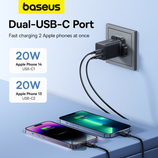 Baseus PD 40W Dual Type C Fast Charger - USB C GaN5 Pro Charging Adapter - Black