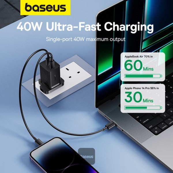 Baseus PD 40W Dual Type C Fast Charger - USB C GaN5 Pro Charging Adapter - Black