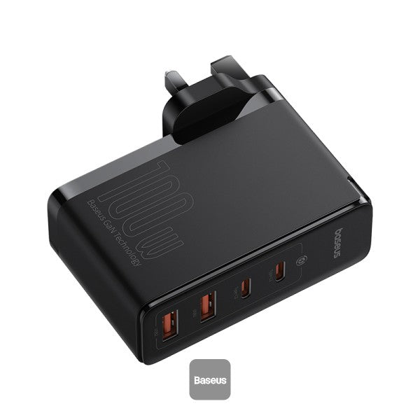 Baseus GaN5 Pro 100W 4 Port Fast Charger | 2 Type-C + 2 USB-A, UK Plug with 100W Fast Charging Data Cable Type-C (20V/5A) 1M - Black