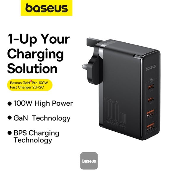 Baseus GaN5 Pro 100W 4 Port Fast Charger | 2 Type-C + 2 USB-A, UK Plug with 100W Fast Charging Data Cable Type-C (20V/5A) 1M - Black