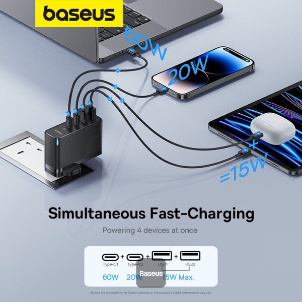 Baseus GaN5 Pro 100W 4 Port Fast Charger | 2 Type-C + 2 USB-A, UK Plug with 100W Fast Charging Data Cable Type-C (20V/5A) 1M - Black