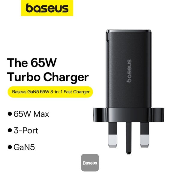 Baseus GaN5 Pro 65W 3 Port Fast Charger | 2 Type-C + USB-A, UK