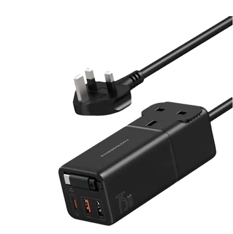 Powerology - PD75w 2*USB-C +2x USB-A Gan Desktop Power Strip With Retractable Cable - Black