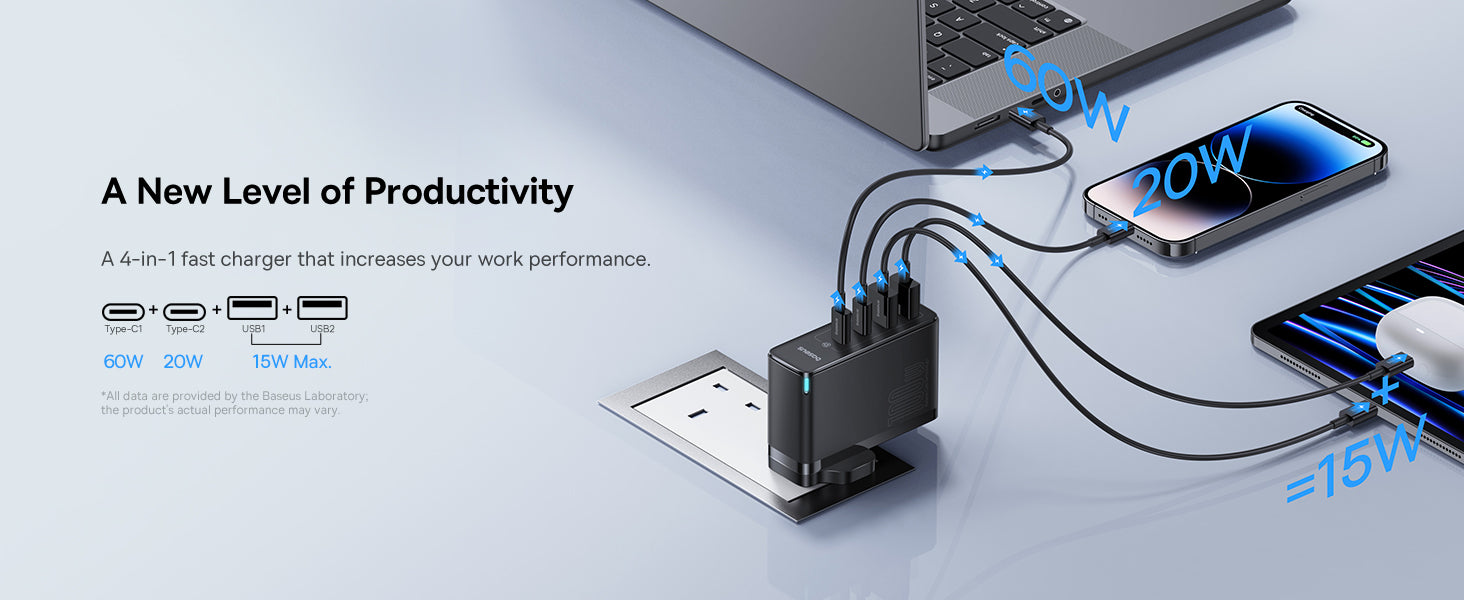 Baseus GaN5 Pro 100W 4 Port Fast Charger | 2 Type-C + 2 USB-A, UK Plug with 100W Fast Charging Data Cable Type-C (20V/5A) 1M - Black