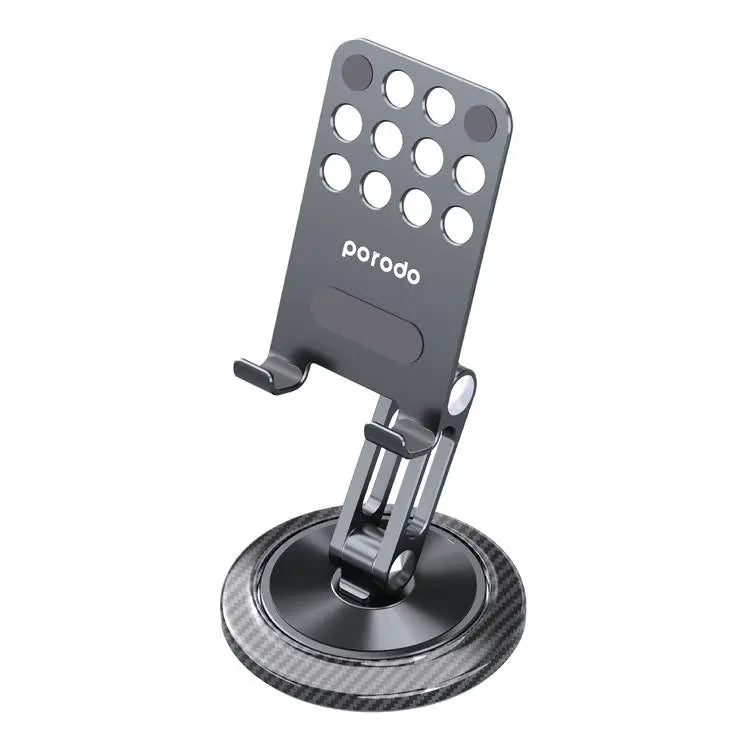 Porodo Phone Stand with Aluminum Alloy, Carbon Fiber, and 360° Rotating Multi-Joint - Grey