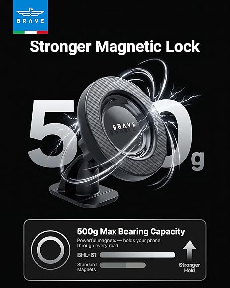BRAVE 2-in-1 Magnetic Car Phone Holder, MagSafe Compatible Dashboard & Air Vent Mount, 360° Rotation, Strong N52 Magnet
