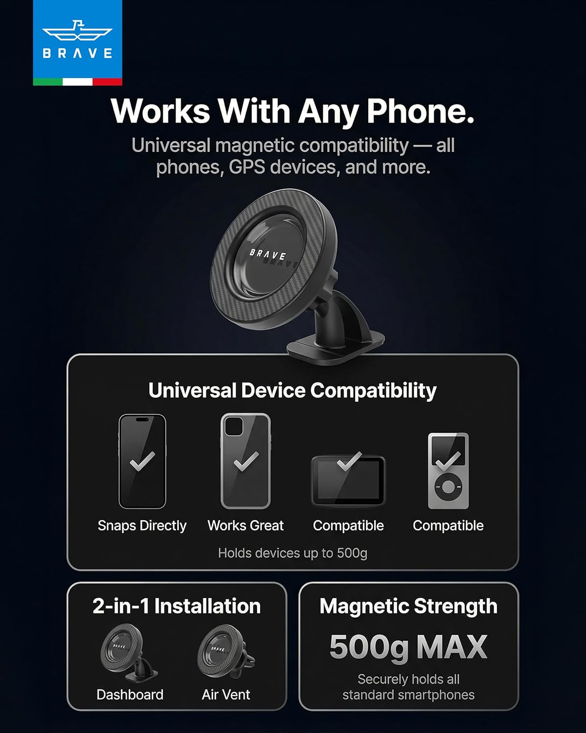 BRAVE 2-in-1 Magnetic Car Phone Holder, MagSafe Compatible Dashboard & Air Vent Mount, 360° Rotation, Strong N52 Magnet