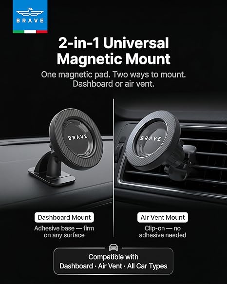 BRAVE 2-in-1 Magnetic Car Phone Holder, MagSafe Compatible Dashboard & Air Vent Mount, 360° Rotation, Strong N52 Magnet