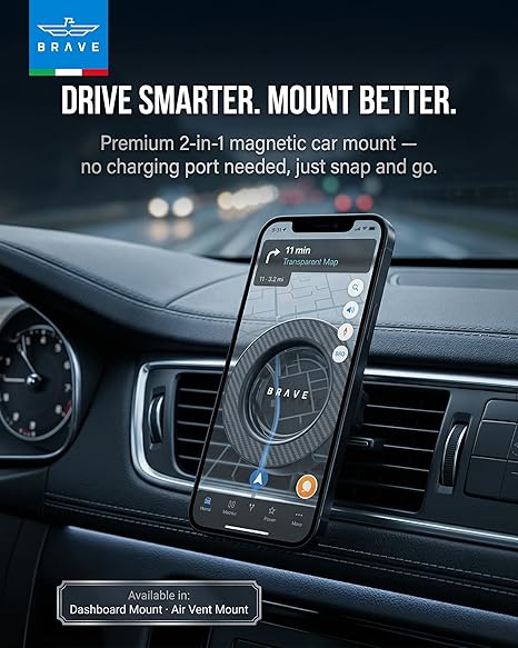BRAVE 2-in-1 Magnetic Car Phone Holder, MagSafe Compatible Dashboard & Air Vent Mount, 360° Rotation, Strong N52 Magnet
