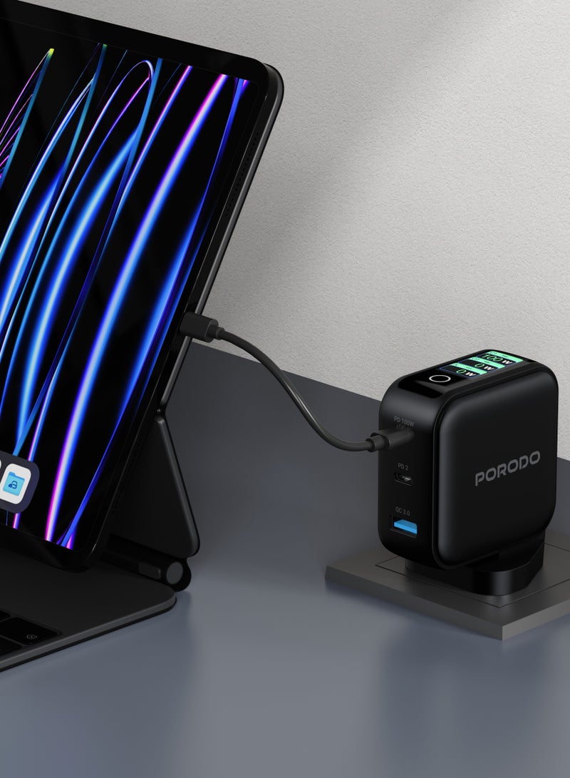Porodo - Nexora 100W 3-Port Wall Charger with LCD Display - Black