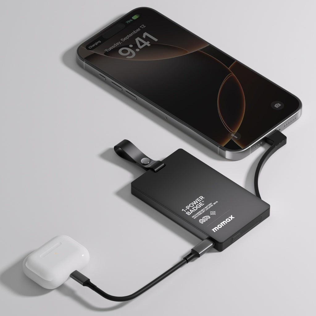 MOMAX 1-POWER BADGE+ RECHARGEABLE BATTERY WITH FIND MY LOCATOR