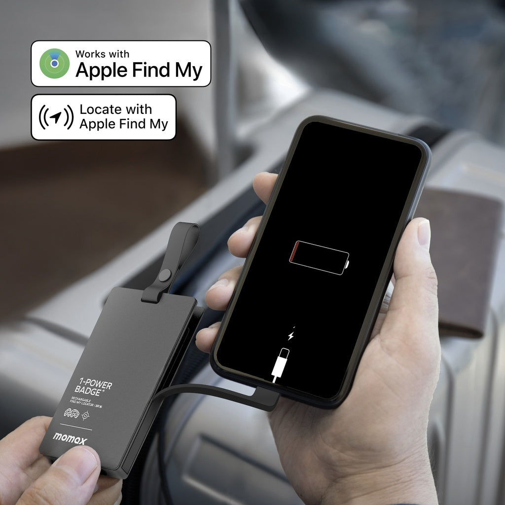 MOMAX 1-POWER BADGE+ RECHARGEABLE BATTERY WITH FIND MY LOCATOR
