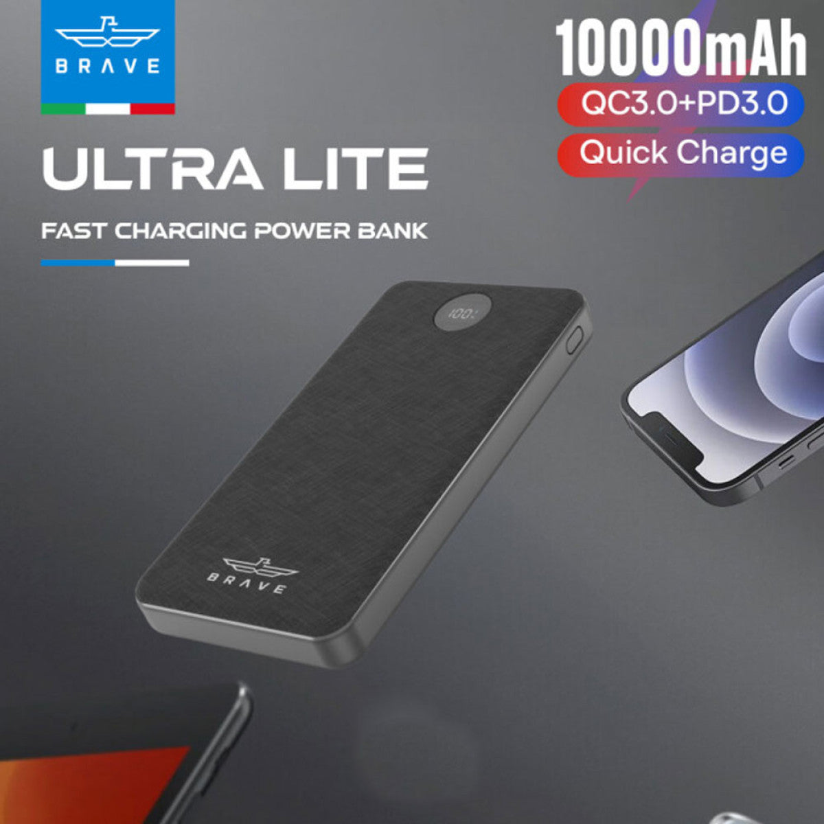 BRAVE 10000mAh Slim Power Bank 22.5W Fast Charging | PD3.0 & QC3.0 | Type-C + Dual USB-A Ports, LED Display BP-21 - Black