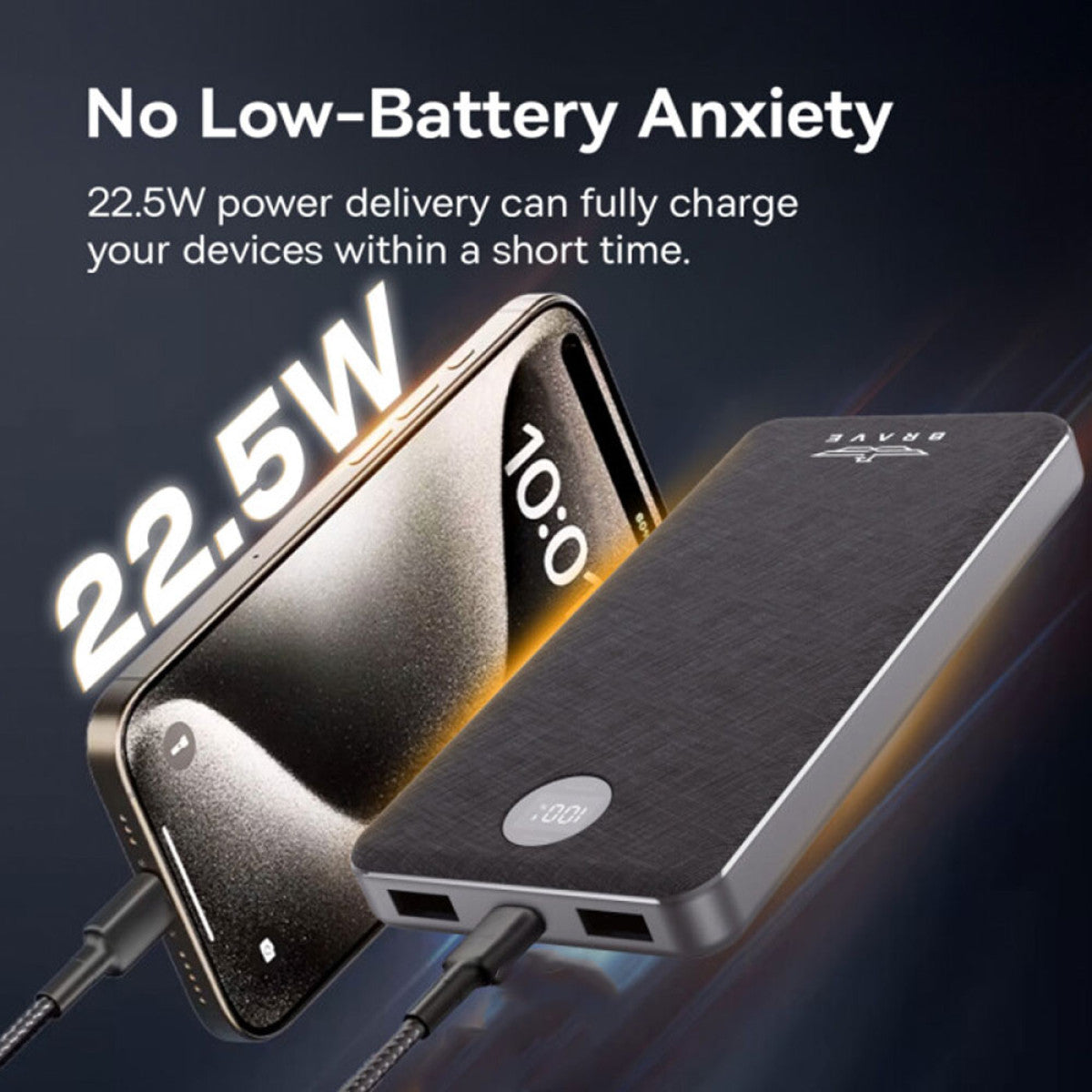 BRAVE 10000mAh Slim Power Bank 22.5W Fast Charging | PD3.0 & QC3.0 | Type-C + Dual USB-A Ports, LED Display BP-21 - Black