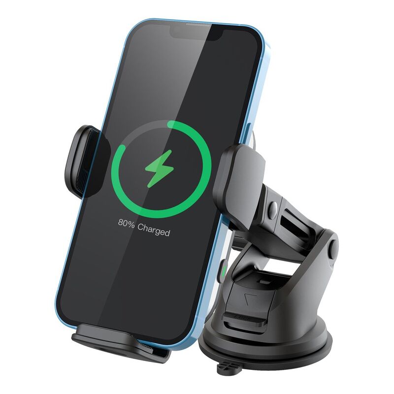 Powerology Dual Coil Car Mount Wireless Charger 15W with Built-in Cooling Fan - Black