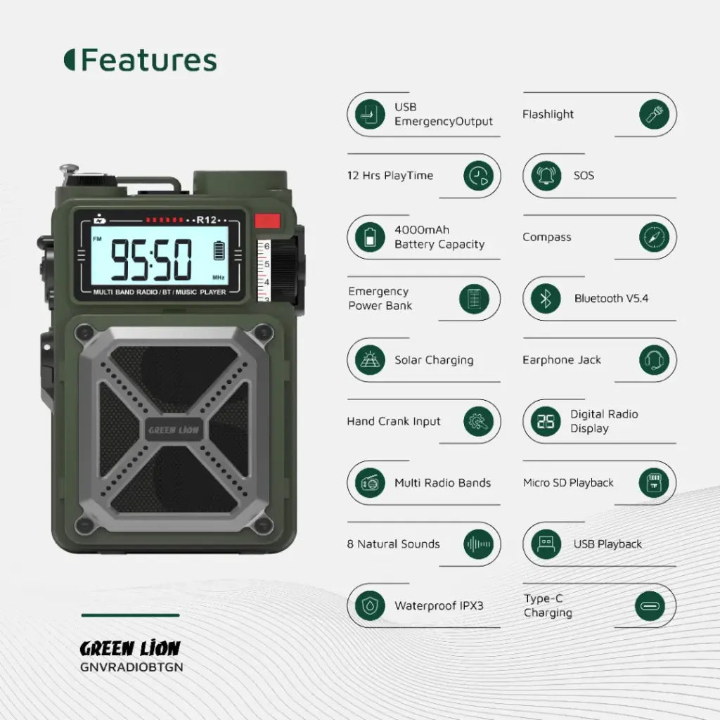 Green Lion Vintage Solar Pro Radio and Bluetooth Speaker with Power Bank
