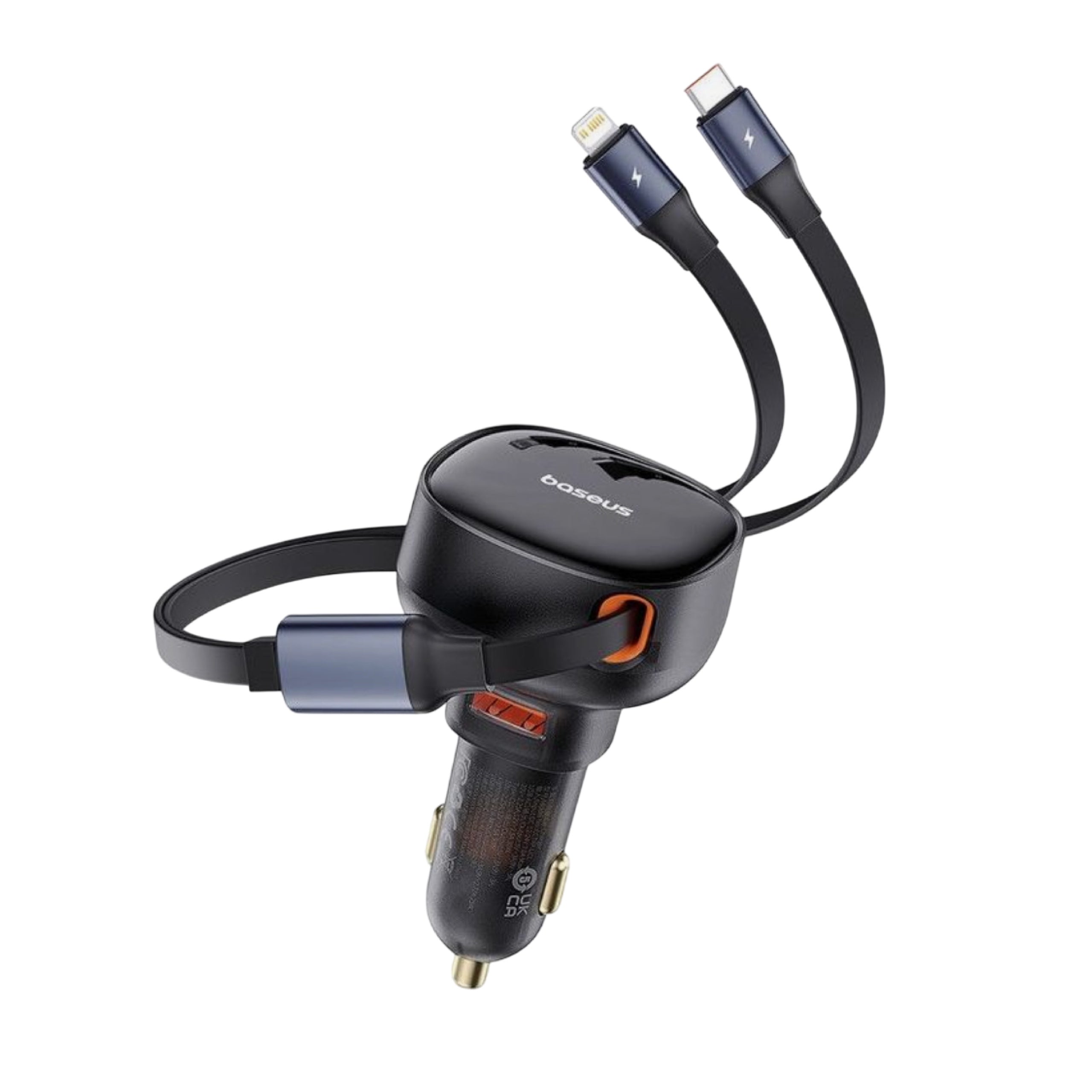 Baseus  enjoyment pro car charger with USB-A port + retractable USB-C & Lightning cable 60W black