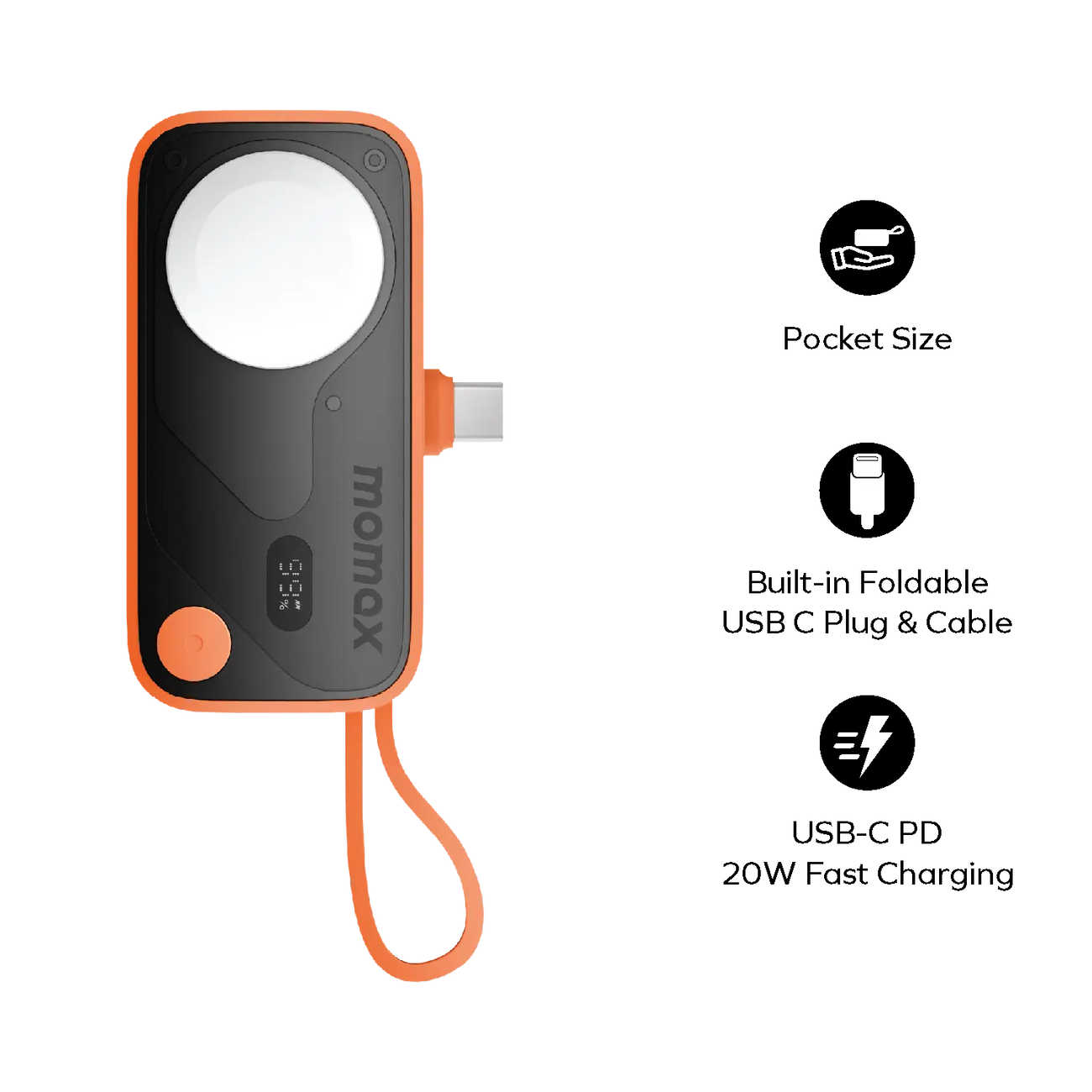 MOMAX 1-Power X Pro Mini⁺ 5000mAh Integrated Foldable USB-C Plug and Built-In USB-C Cable Battery Pack with Apple Watch Fast Charger