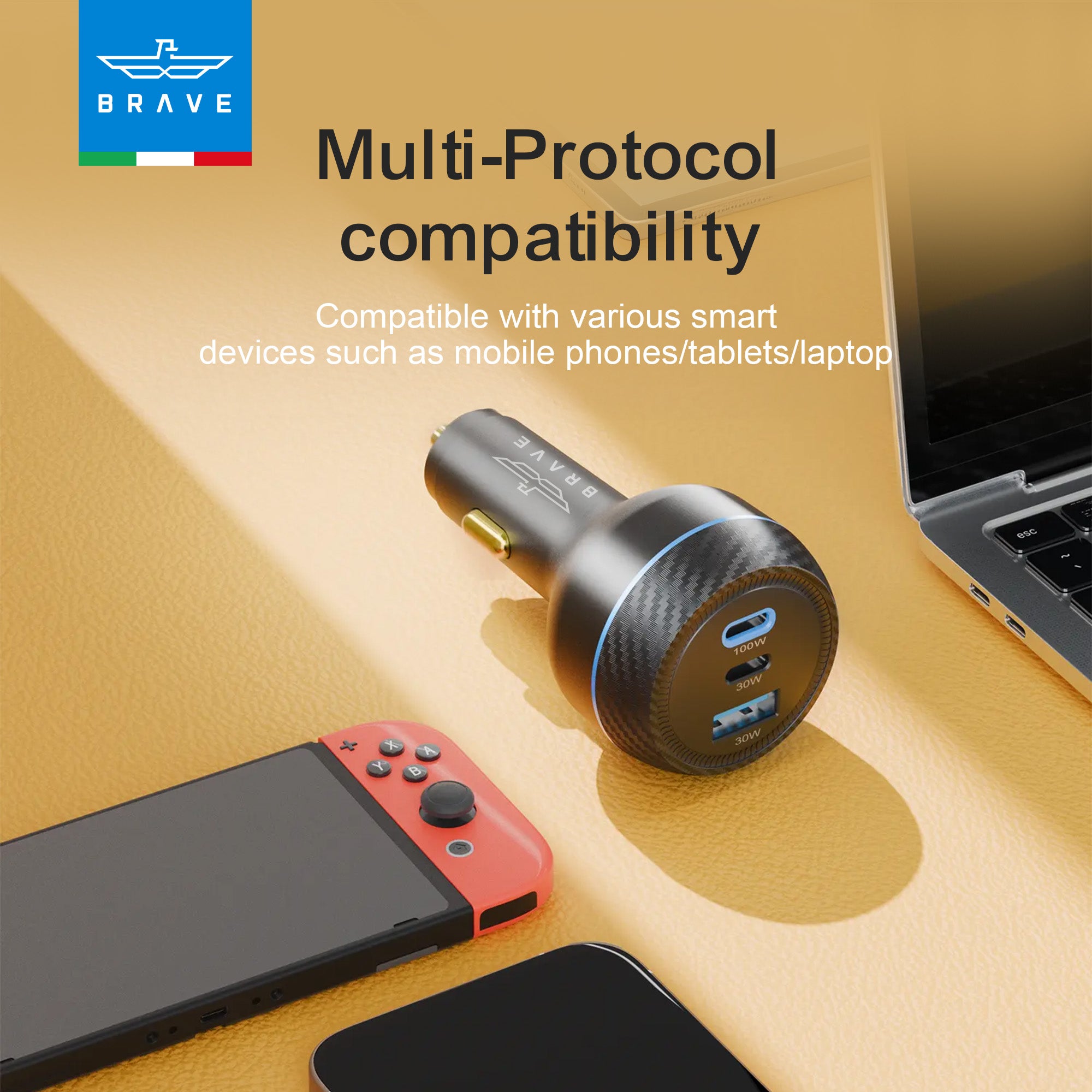 Brave - 160W USB-C Car Charger BCC-25 – 3-Port Fast Charger with 100W Cable - TECH STREET