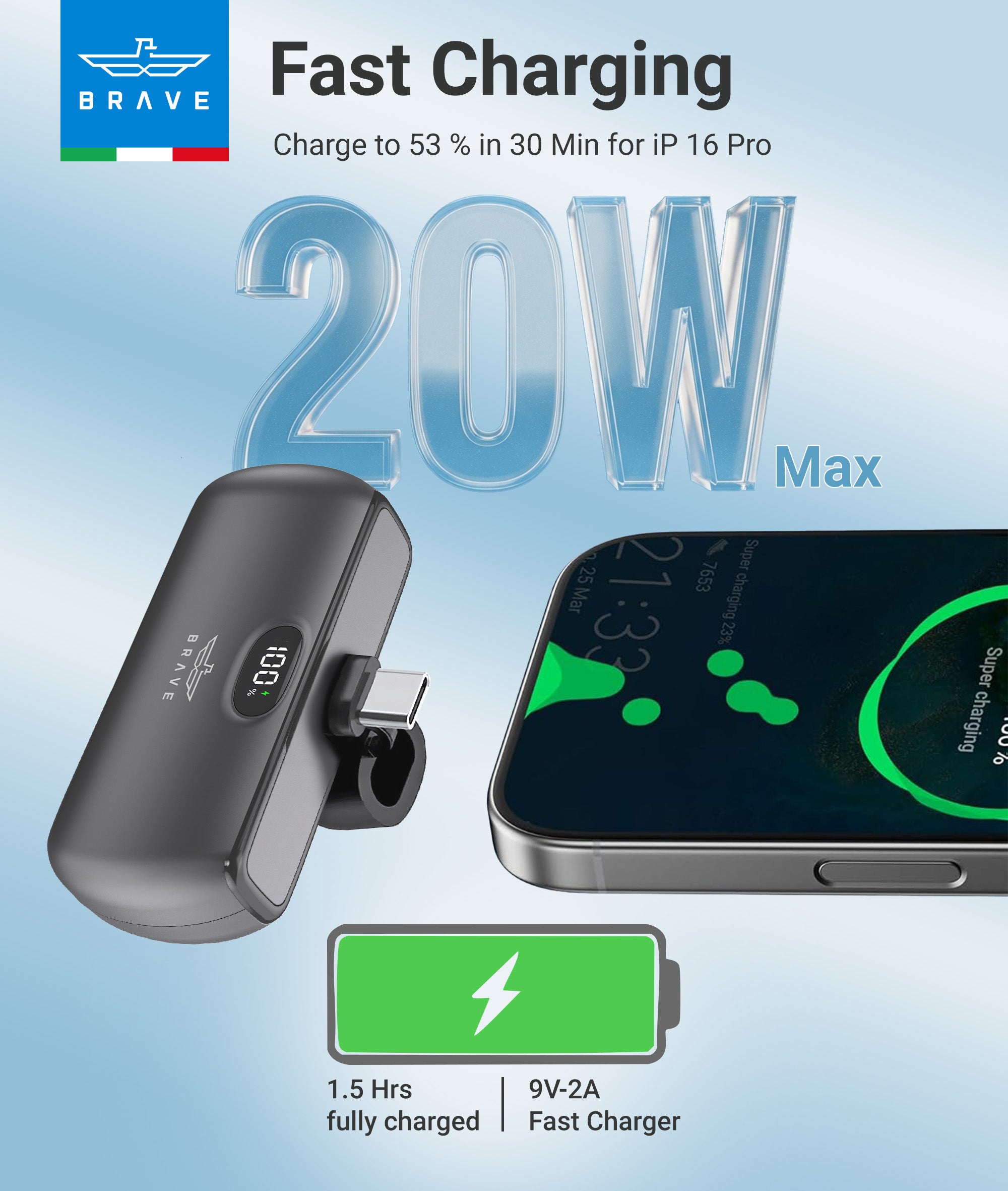 BRAVE - Pocket Pro Mini Power Bank 5000mAh 20W Fast Charging with LED Display, Built-in USB-C, Foldable Stand - TECH STREET
