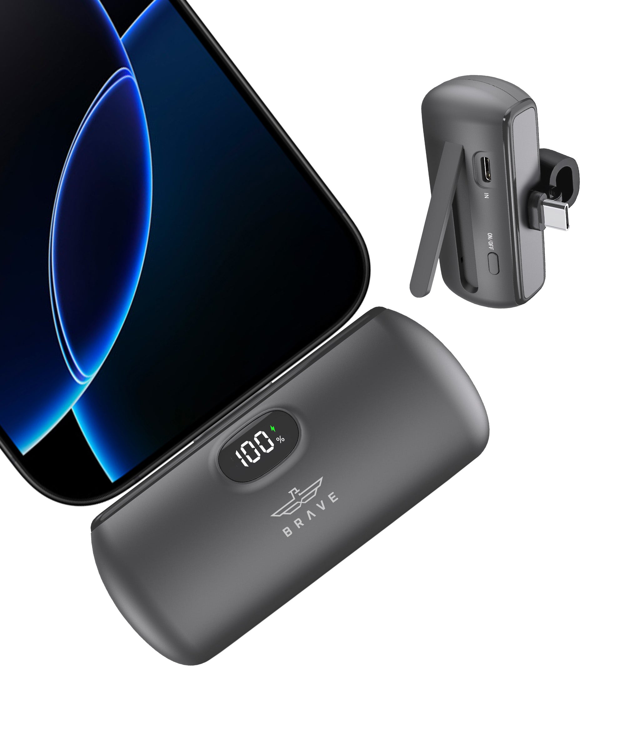 BRAVE - Pocket Pro Mini Power Bank 5000mAh 20W Fast Charging with LED Display, Built-in USB-C, Foldable Stand - TECH STREET