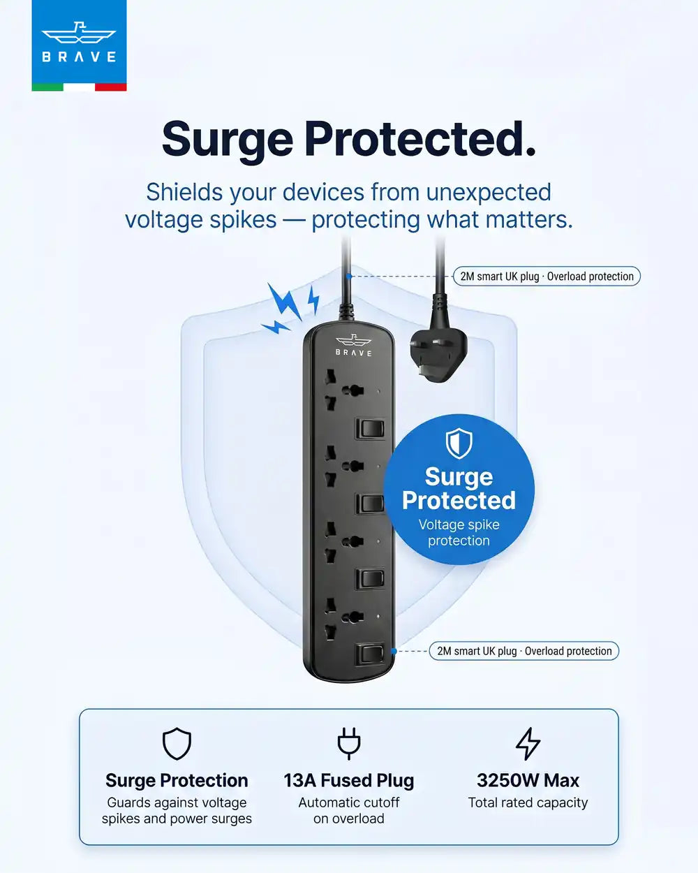 BRAVE - BPS-04 4-Way Universal Power Strip 3250W 13A, 2M Extension Cord, Individual Switches - TECH STREET