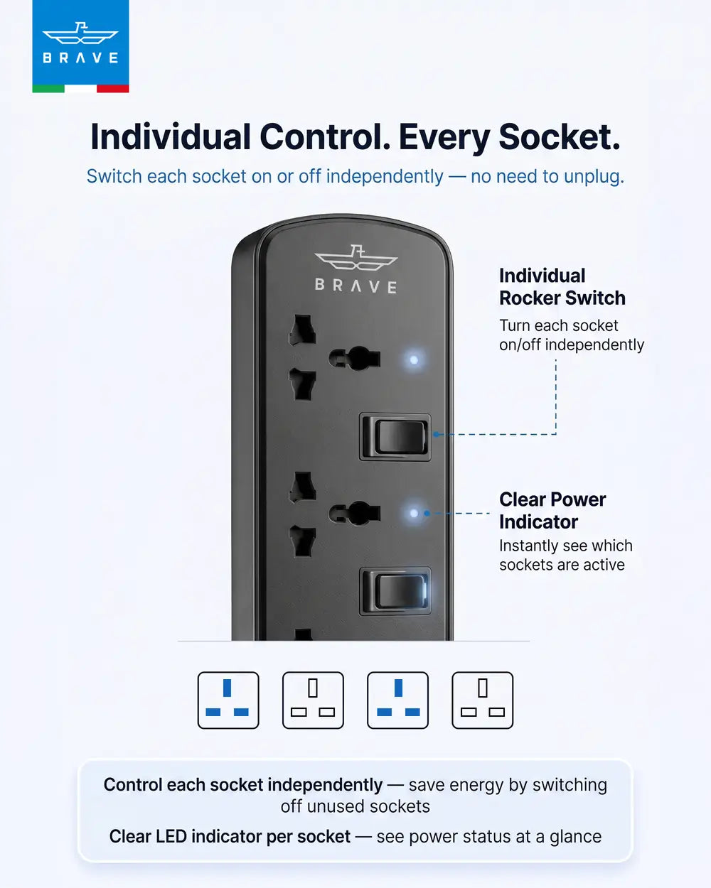 BRAVE - BPS-04 4-Way Universal Power Strip 3250W 13A, 2M Extension Cord, Individual Switches - TECH STREET