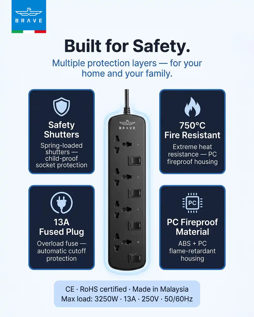 BRAVE - BPS-04 4-Way Universal Power Strip 3250W 13A, 2M Extension Cord, Individual Switches - TECH STREET