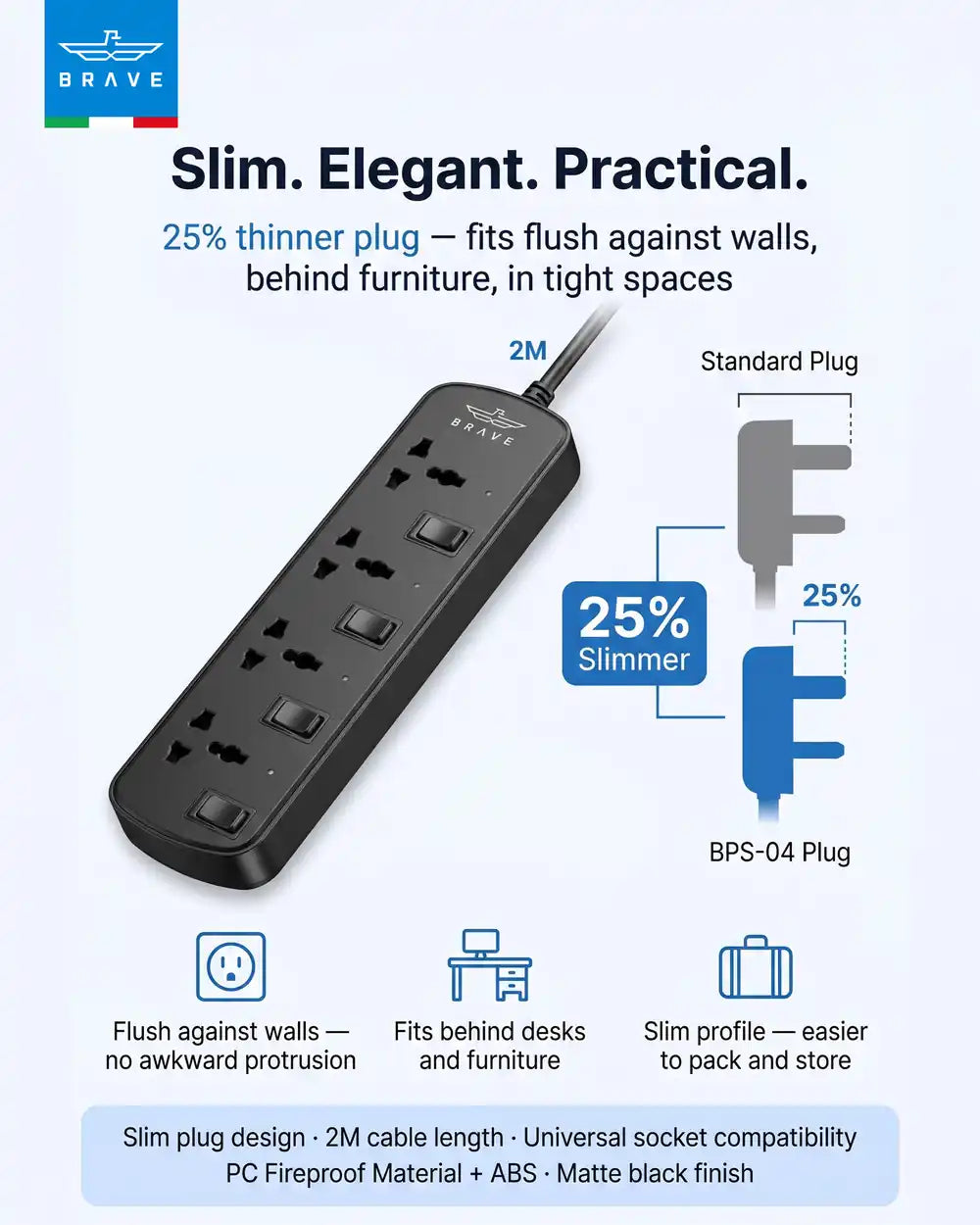 BRAVE - BPS-04 4-Way Universal Power Strip 3250W 13A, 2M Extension Cord, Individual Switches - TECH STREET