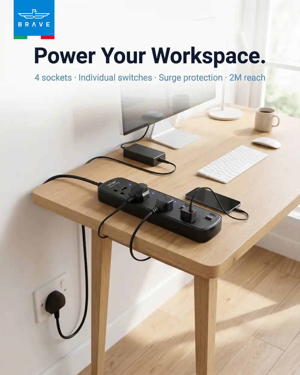 BRAVE - BPS-04 4-Way Universal Power Strip 3250W 13A, 2M Extension Cord, Individual Switches - TECH STREET