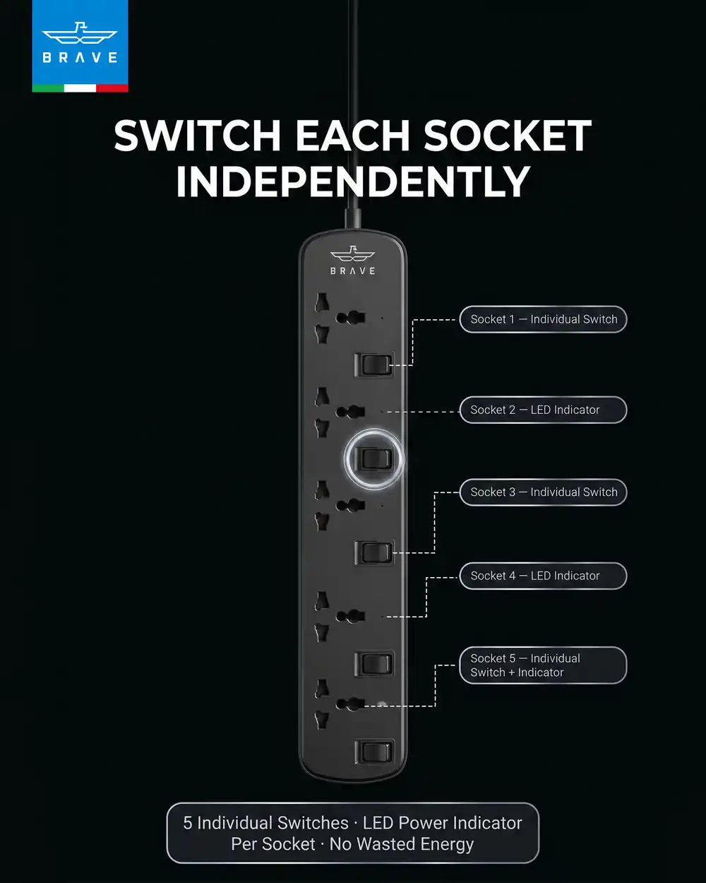 BRAVE - BPS-05 5-Way Universal Power Strip 3250W 13A, 2M Extension Cord, Individual Switches