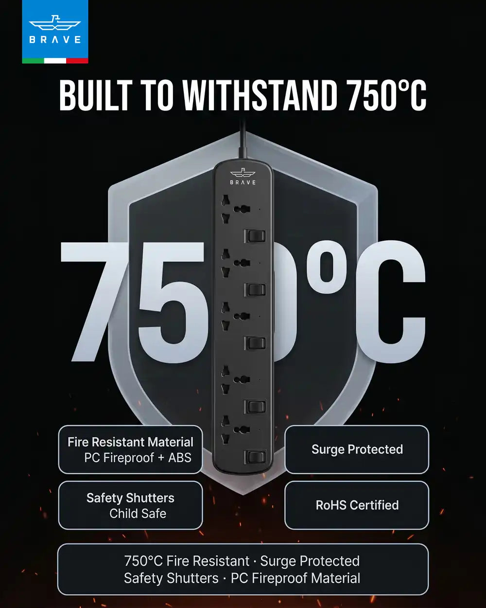 BRAVE - BPS-05 5-Way Universal Power Strip 3250W 13A, 2M Extension Cord, Individual Switches